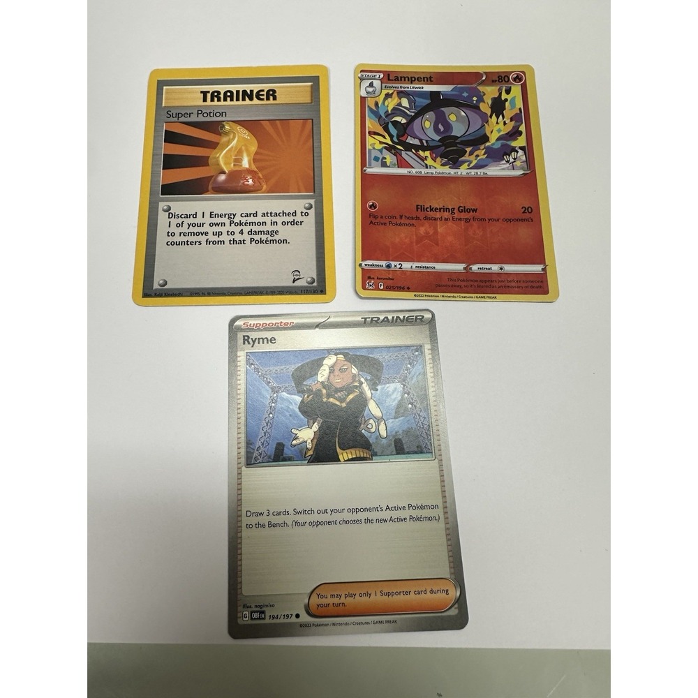 3 miscut / misprint pokemon cards ryme, super potion,‎ lampent, lp-dmg